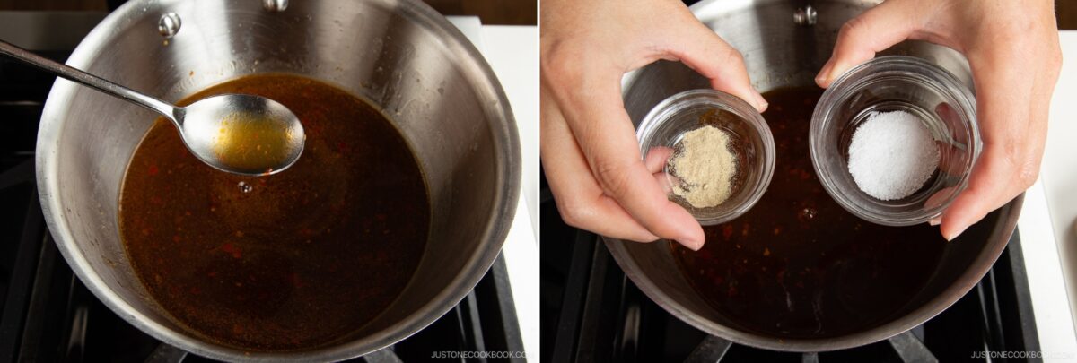 A pot of dark liquid simmers on the stove for spicy shoyu ramen; in the left image, a spoon lifts some broth. In the right image, two hands add salt and ground pepper from small bowls into the pot.