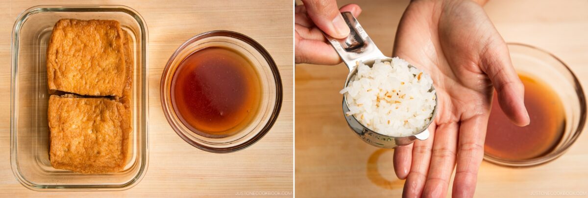 Two photos: Left shows two pieces of inari sushi tofu pockets in a glass container with a bowl of sauce. Right shows a hand holding a metal measuring cup filled with cooked rice above a glass bowl.