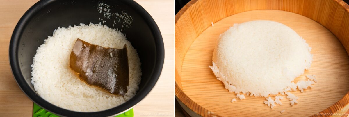 Left: Cooked white rice with a piece of dried kelp in a rice cooker. Right: White rice molded into a dome shape in a wooden sushi oke tub, ready to be used for dishes like inari sushi.