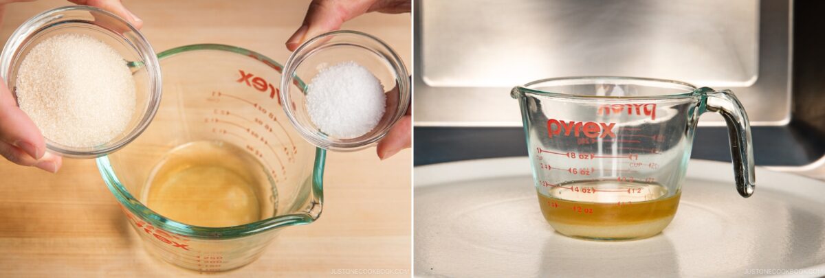 Two images: On the left, hands hold bowls of sugar and salt over a Pyrex measuring cup with liquid, preparing inari sushi. On the right, the measuring cup with liquid sits alone in a microwave.