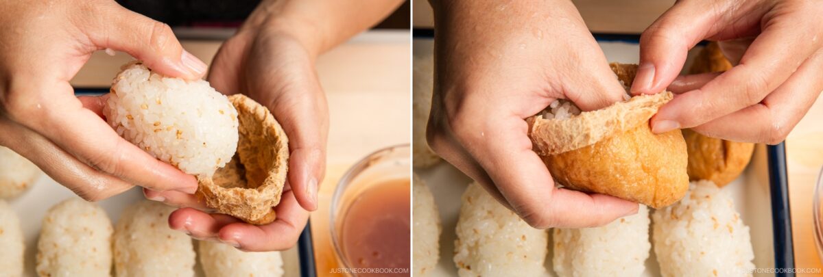 A person holding a piece of inari sushi.