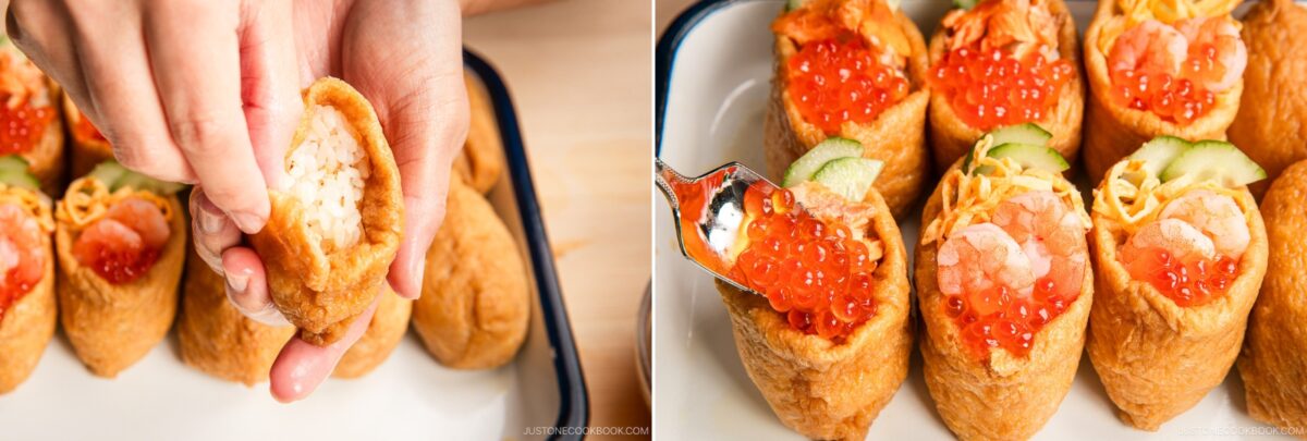 Close-up images of hands carefully preparing inari sushi, filling tofu pouches with rice and topping them with salmon roe, shrimp, and sliced cucumber before arranging them neatly on a tray.