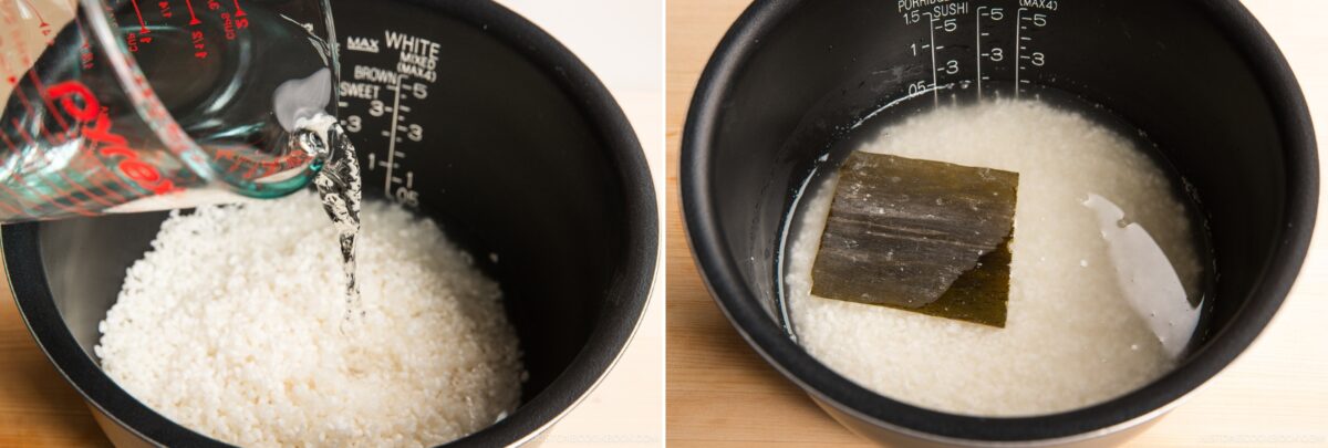 Left: Water being poured from a measuring cup into a rice cooker with uncooked rice. Right: Uncooked rice and water in a rice cooker with a piece of kombu—perfect for making fluffy sushi rice for inari sushi.