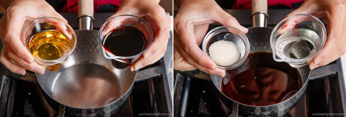 Two side-by-side images: hands holding measuring cups above a saucepan—first with light and dark liquids, then adding sugar and clear liquid—likely showing the steps to make a sauce on a stovetop for ramen eggs.