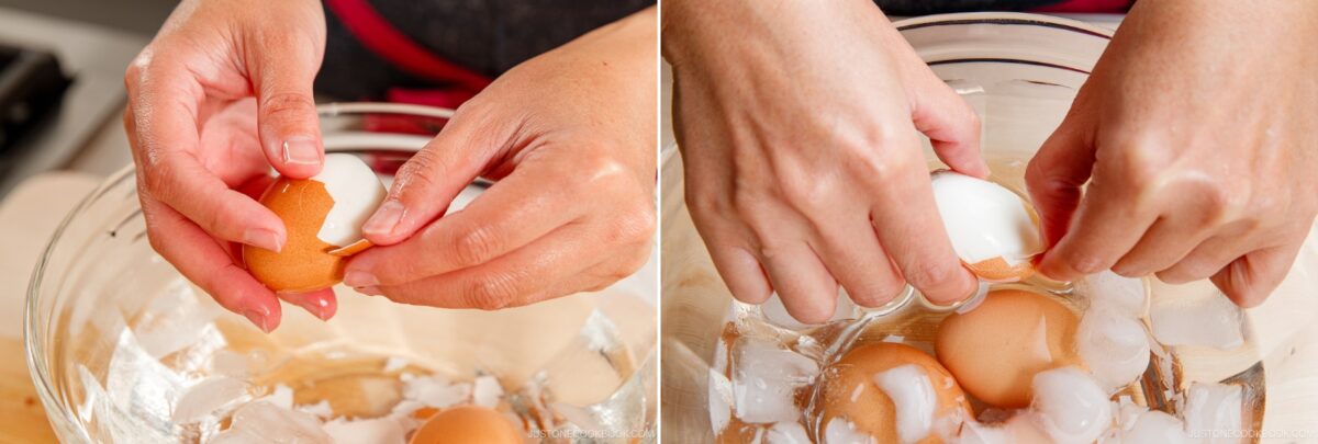 Two images show hands peeling the shell off a hard-boiled egg, likely for ramen eggs, over a bowl with ice and eggs submerged in water. The process is shown in close-up detail.