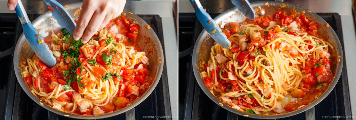 Two images side by side show Tomato Bacon Pasta in a pan with chopped tomatoes and herbs. In the left image, a hand uses tongs to add fresh herbs; in the right image, the ingredients are mixed together.