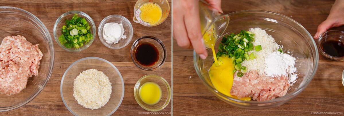 Two images: Left shows bowls with ground chicken, chopped green onions, panko, egg, cornstarch, oil, and soy sauce—classic chanko nabe (sumo stew) ingredients. Right shows these being mixed together in a large glass bowl.