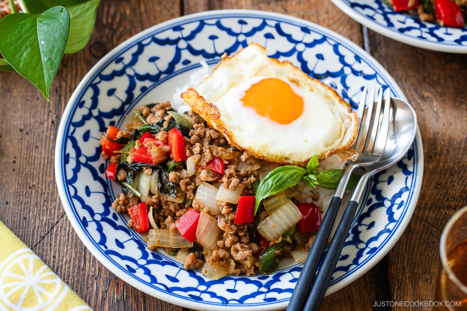 A plate of flavorful gapao rice topped with a perfectly fried egg and served with steaming white rice.
