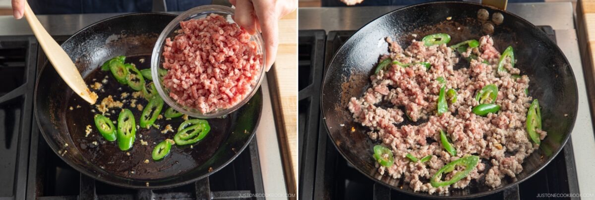 Two side-by-side photos show a black skillet on a stove. In the first, sliced green chili and minced garlic are sautéd as ground meat for gapao rice is added. In the second, the meat is partially cooked and mixed with the chilis.