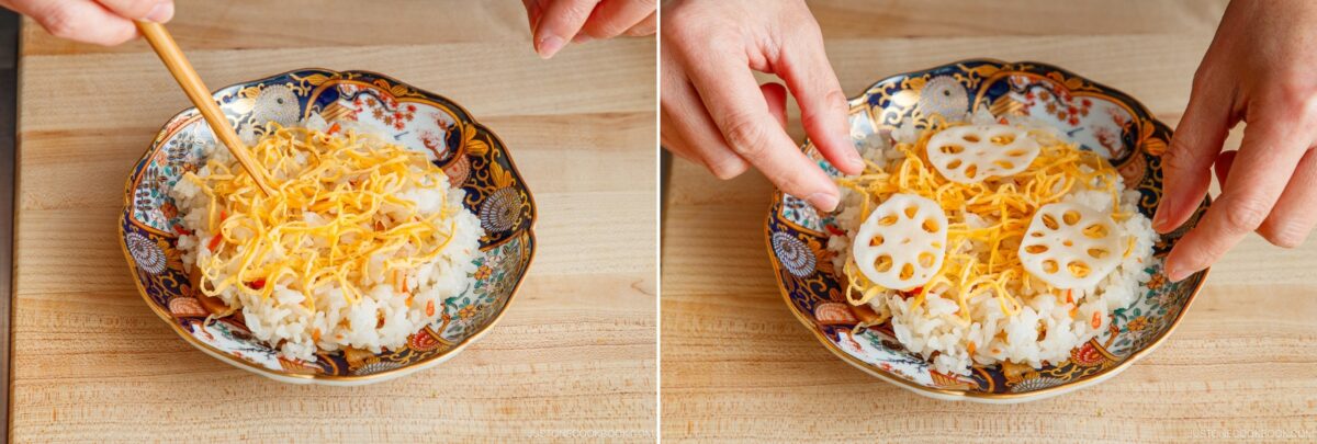 A person prepares Quick & Easy Chirashi Sushi by arranging food in a decorative bowl, first adding shredded yellow egg to rice, then placing lotus root slices on top, all on a wooden surface.