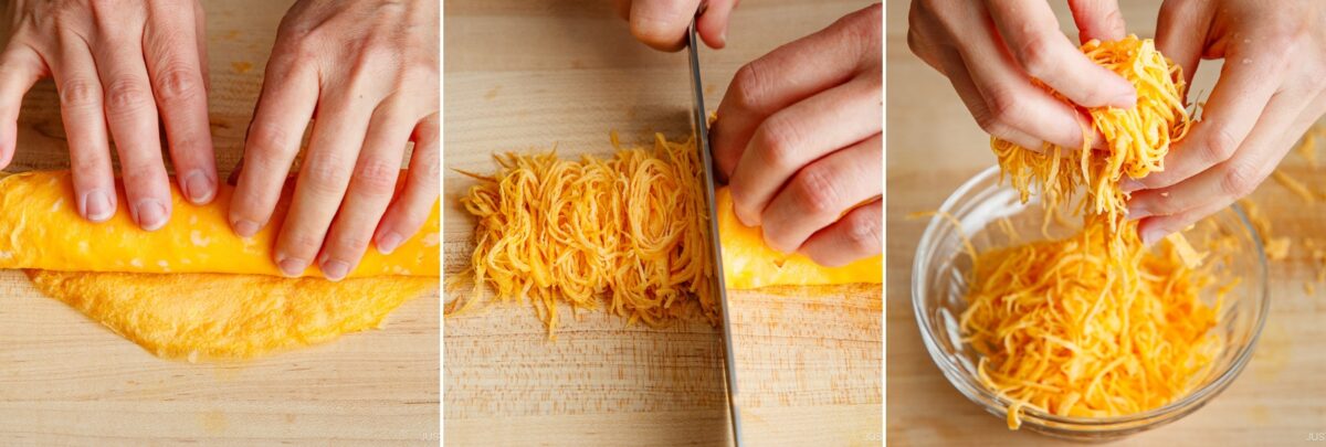 A three-panel image showing hands rolling a yellow omelette, slicing it into thin strips, and lifting the shredded omelette—perfect for topping Quick & Easy Chirashi Sushi—into a glass bowl.