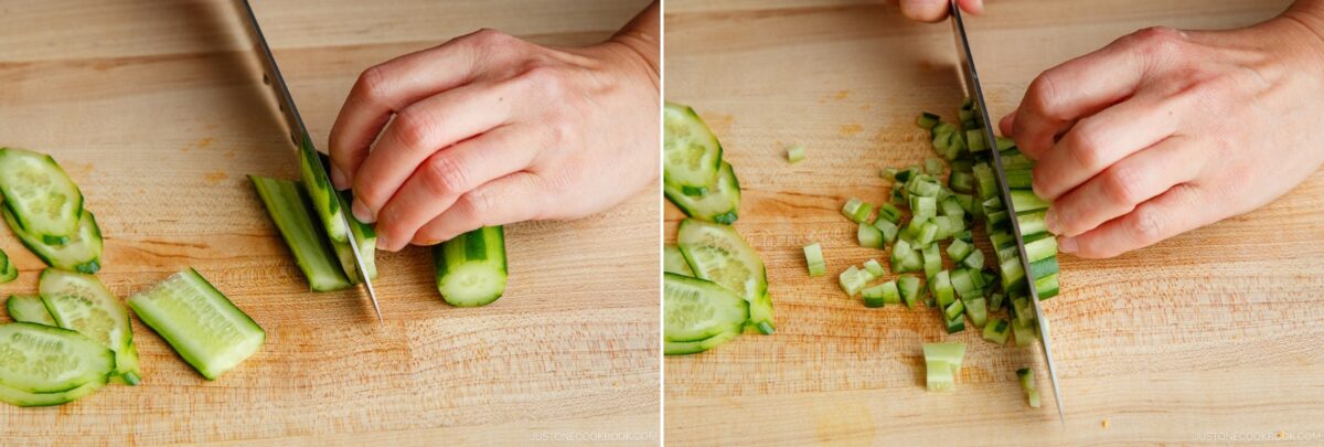 A person prepares Quick & Easy Chirashi Sushi by slicing a cucumber into strips on the left, then dicing them into small cubes on the right, all on a wooden cutting board.