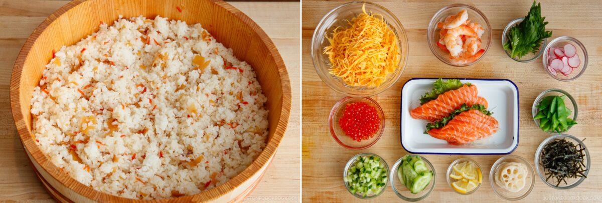 A wooden bowl of Quick & Easy Chirashi Sushi rice with vegetables sits on the left; on the right, various toppings—salmon, shrimp, shredded cheese, cucumber, lemon, radish, roe, green onion, shiso leaves, and seaweed—are arranged in small bowls and plates.