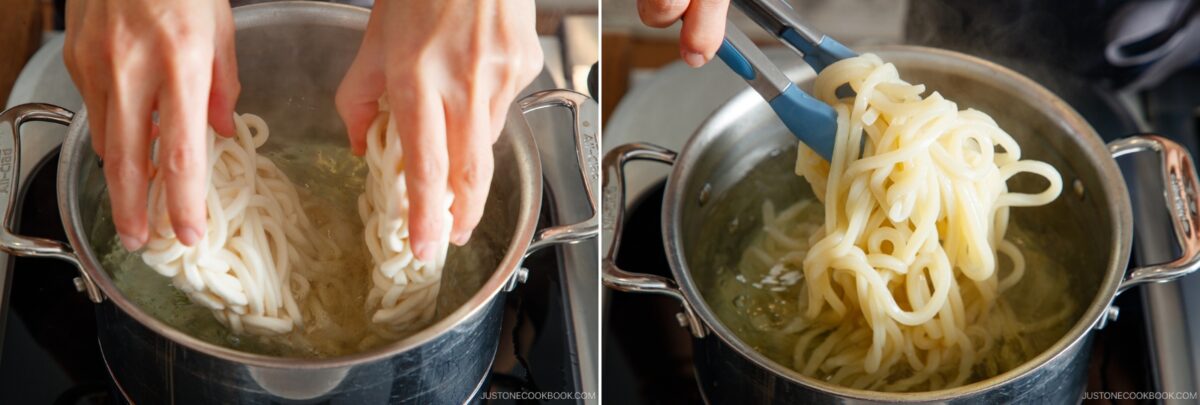 Two-panel image: On the left, hands add uncooked tan tan udon noodles to a pot of boiling water. On the right, cooked udon noodles are lifted from the pot with tongs, steam rising in both images.