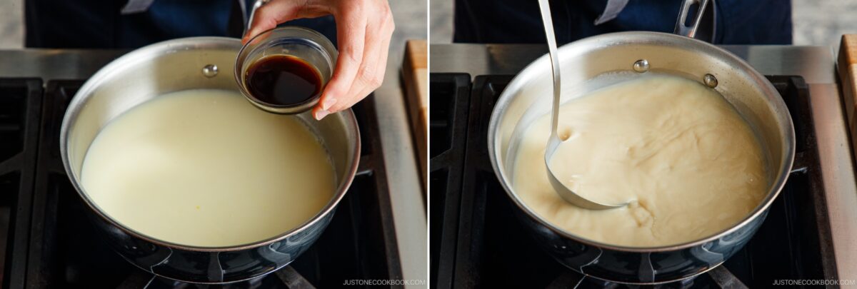 Two photos: On the left, a hand pours soy sauce into a saucepan of soy milk on the stove. On the right, a ladle stirs a thickened milk mixture in the same saucepan, evoking the creamy texture found in tan tan udon dishes.