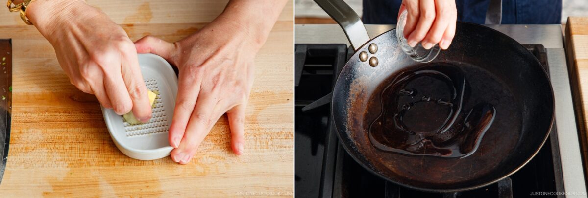 A person grates ginger on a small ceramic grater on a wooden cutting board, preparing ingredients for tan tan udon as another hand pours liquid into a frying pan with oil on a stovetop.