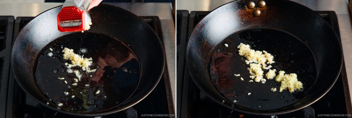 Side-by-side images show minced garlic being pressed into a hot, oiled wok on a stovetop (left), and the garlic sizzling in the oil (right)—a key step in preparing flavorful tan tan udon.