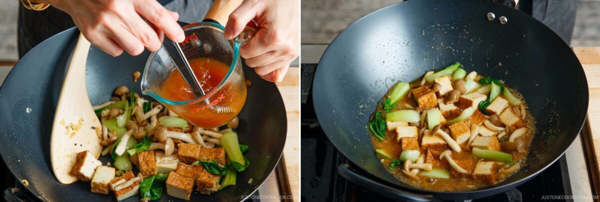 Two images side by side show a bok choy and tofu stir-fry cooking in a wok. In the left image, a person pours orange sauce into the wok; in the right, the ingredients simmer together on a stovetop.