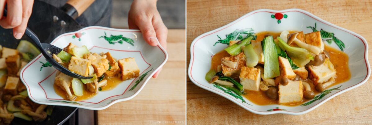 A hand serves bok choy and tofu stir-fry with mushrooms in a savory sauce onto a decorative plate. The right side shows the plated tofu dish on a wooden surface, featuring saucy bok choy, tofu cubes, and mushrooms.