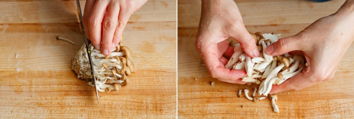 Two-panel image showing hands preparing mushrooms for a bok choy and tofu stir-fry: the left panel shows slicing the base, and the right panel shows separating the mushroom clusters.