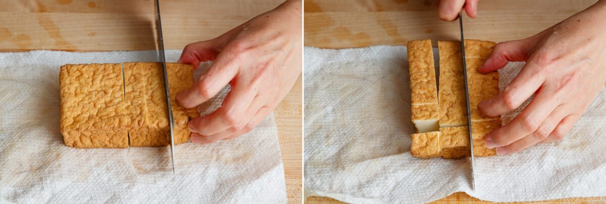 Two images side by side show hands using a knife to slice a rectangular block of firm tofu for a bok choy and tofu stir-fry. The tofu rests on a paper towel on a wooden surface and is being cut into even strips.