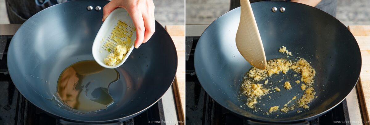 Two-panel image: On the left, a hand adds minced garlic and ginger from a small dish into a wok with hot oil for bok choy and tofu stir-fry. On the right, the mixture sizzles as it's stirred with a wooden spatula.