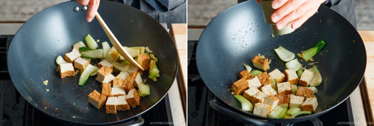 Split image showing a bok choy and tofu stir-fry in a wok; on the left, a person stirs with a wooden spoon, and on the right, they sprinkle seasoning from a small container.