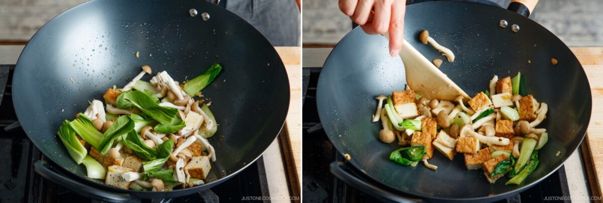 A person makes a bok choy and tofu stir-fry, tossing tofu, baby bok choy, and mushrooms in a black wok on the stove with a wooden spatula. The first image shows fresh ingredients; the second shows them partially cooked and mixed.