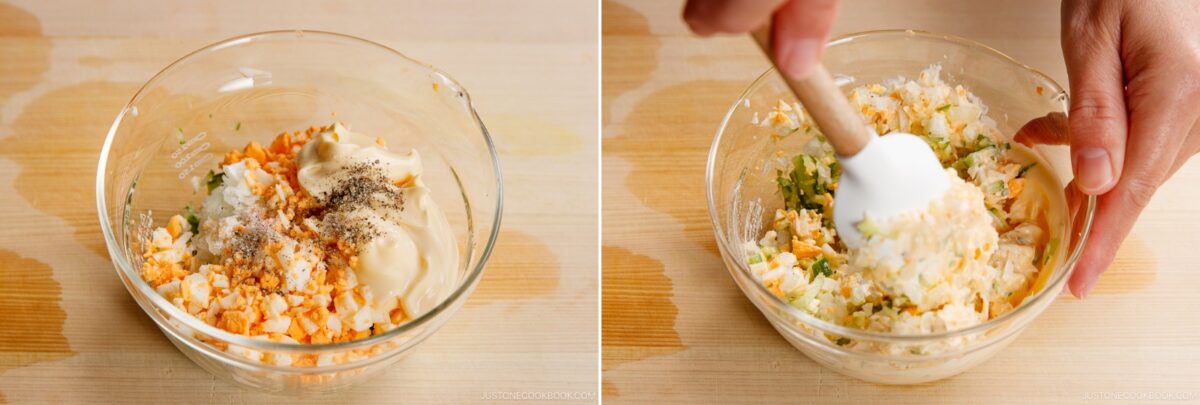 Two photos side by side: on the left, a glass bowl with chopped eggs, mayonnaise, pepper, and green onions—ingredients for chicken nanban sauce; on the right, a hand mixing everything together in the bowl with a spatula.