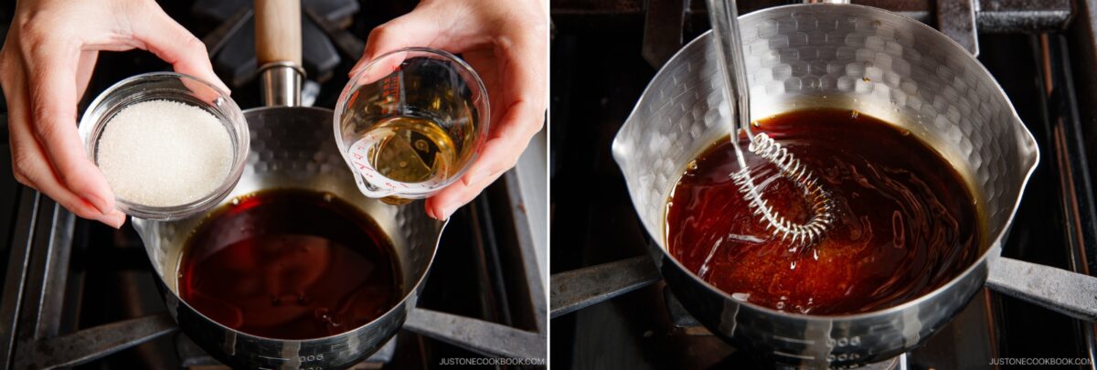 Two-panel image: Left, hands add sugar and liquid to a saucepan of dark sauce for chicken nanban on a stove. Right, the sauce is being mixed with a whisk as it simmers, creating a glossy brown mixture.