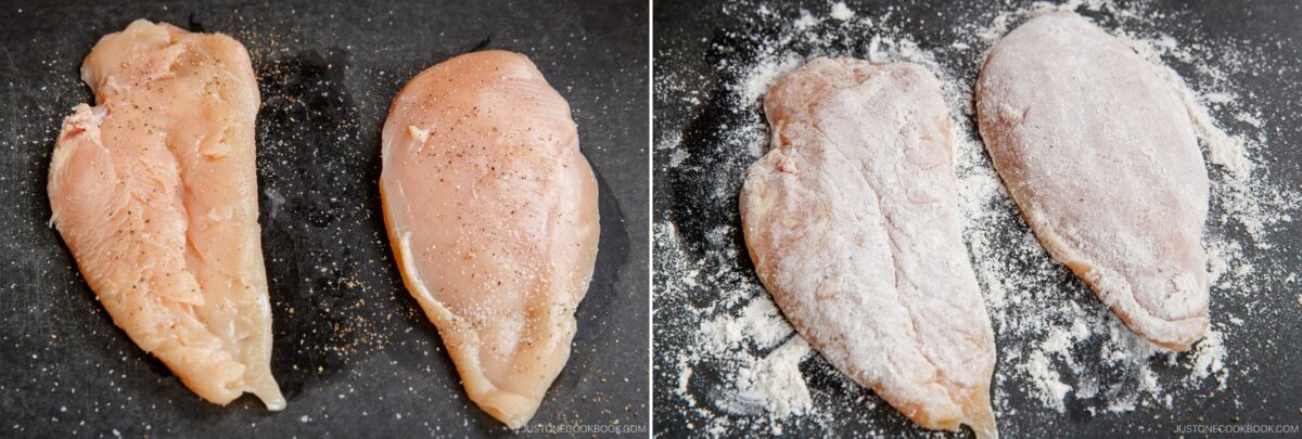Side-by-side images showing two raw chicken breasts: the left side features seasoned chicken nanban, while the right side displays the pieces coated in flour on a dark surface.