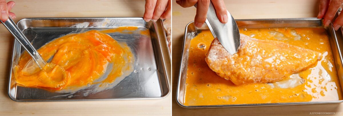 A hand whisks eggs in a metal tray (left), then dips a flour-coated chicken breast into the beaten eggs (right) on a light wooden surface, preparing for classic chicken nanban.