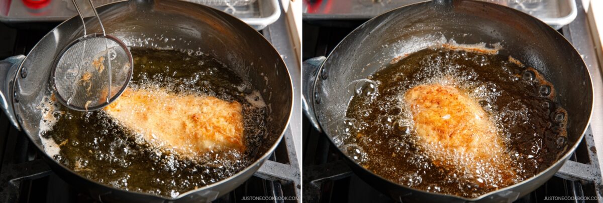 Two side-by-side images show chicken nanban being deep-fried in a pan of hot oil. In the left image, a skimmer lifts the breaded piece; in the right, it’s browning and bubbling in the oil.