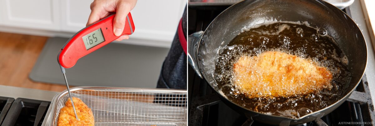 A split image shows someone checking the temperature of chicken nanban with a red thermometer reading 165°F on the left and the chicken frying in hot oil in a pan on the right.