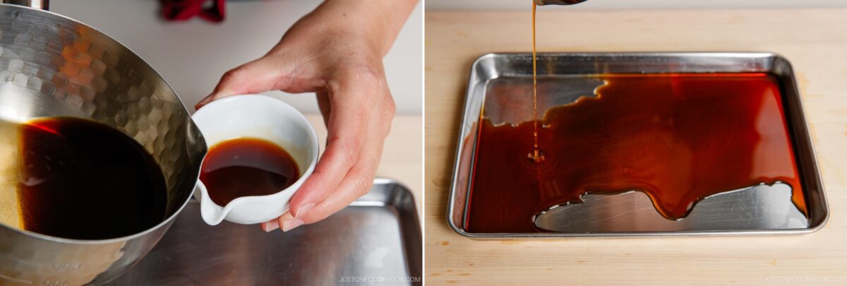 A hand pours dark liquid from a small cup into a metal bowl. Beside it, the same sauce—often used for chicken nanban—is poured onto a shallow metal tray on a wooden surface.