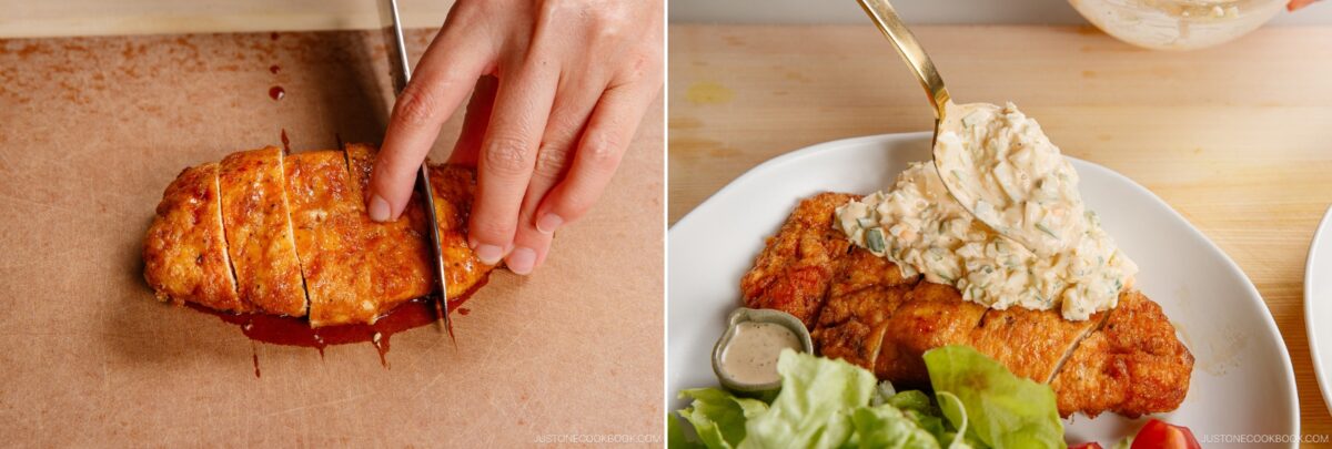 A hand slices seasoned, cooked chicken breast on a cutting board; on the right, the chicken nanban is topped with creamy salad and served with lettuce and dressing on a white plate.