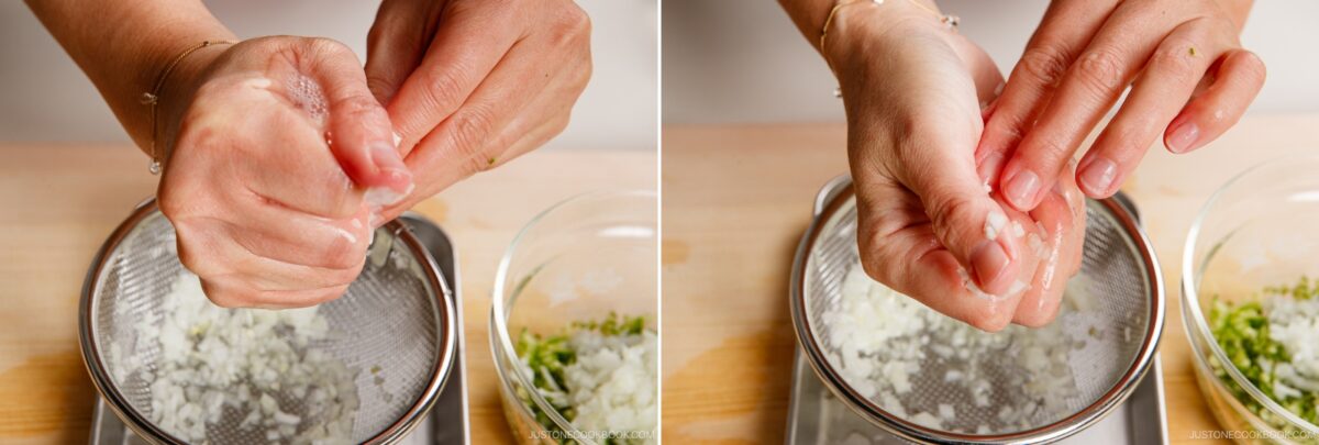 Two close-up images show hands squeezing liquid from grated onions over a strainer, with a glass bowl of chopped vegetables nearby on a wooden surface—perfect prep for making chicken nanban.