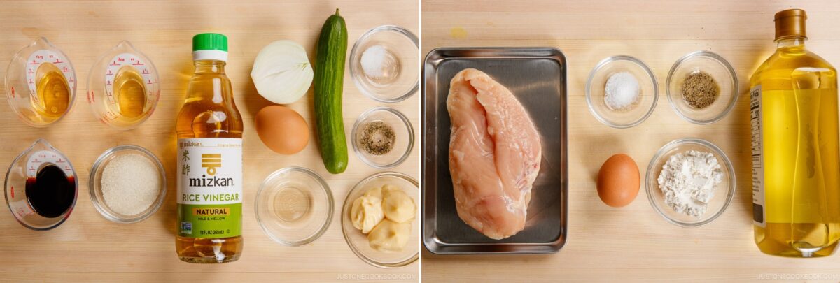 Two overhead images of cooking ingredients for chicken nanban on a wooden surface. Left: soy sauce, vinegar, egg, onion, cucumber, sugar, and oil. Right: chicken breast, egg, flour, salt, pepper, and a bottle of oil.