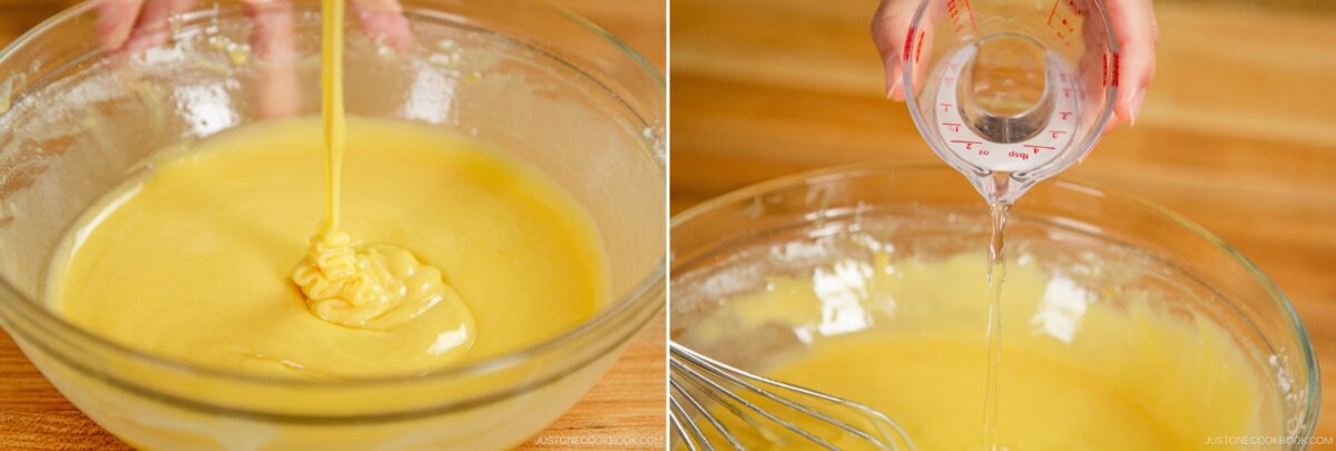 Two side-by-side images show a bowl of yellow cake batter. On the left, batter is being poured in. On the right, clear liquid is being added with a measuring cup—perfect steps for preparing dorayaki (Japanese red bean pancake) batter, with a whisk nearby.