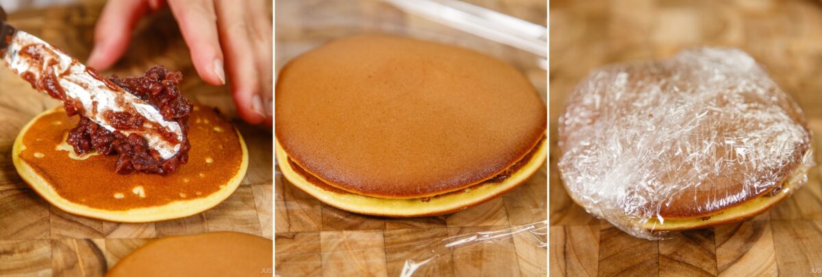 Three-panel image: the first panel shows red bean paste being spread on a dorayaki (Japanese red bean pancake); the second shows another pancake placed on top, forming a sandwich; the third shows the dorayaki wrapped in plastic wrap.