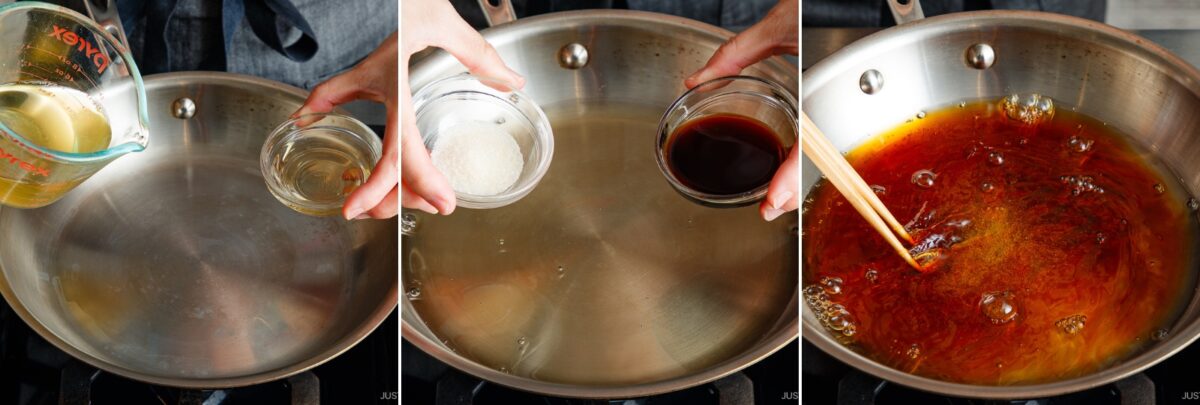 Three-panel image showing the process of making sauce in a pan: pouring dashi broth, adding sugar and soy sauce, then stirring.