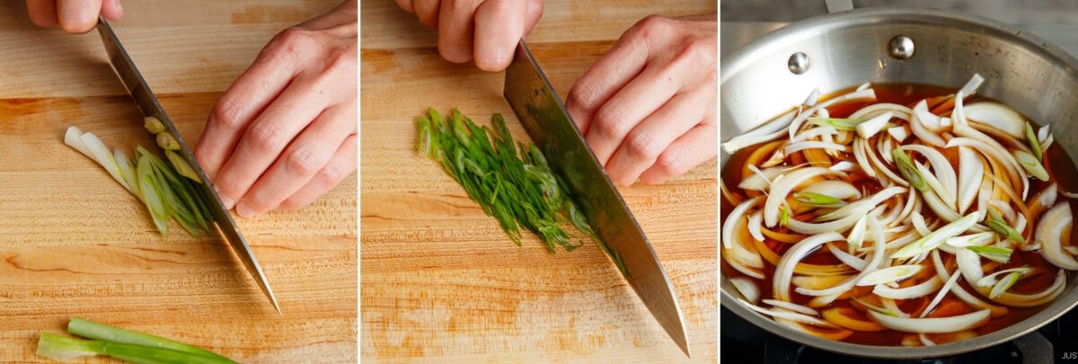 A three-panel image shows hands slicing green onions on a wooden cutting board, then the sliced onions, and finally the onions cooking in a pan of broth or sauce.