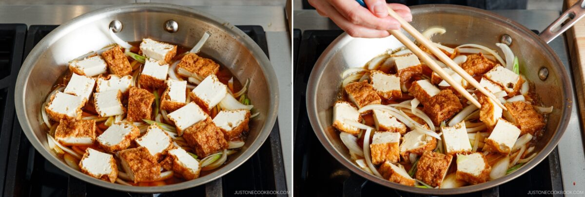 Two photos show tofu cubes and sliced onions cooking in a large stainless steel pan on a stovetop; in the second photo, a hand uses chopsticks to stir the ingredients in the pan.