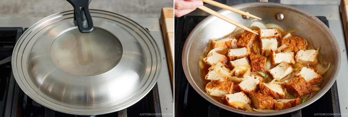 Split image: Left side shows a covered pan on a stovetop; right side shows tofu cubes and onions simmering in broth in an uncovered pan, with chopsticks stirring.