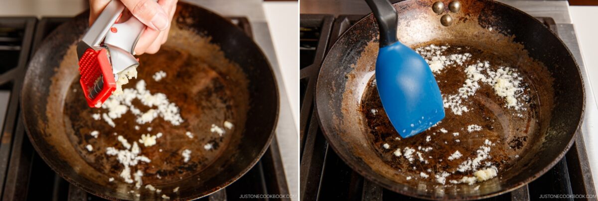 Two images show a person adding minced garlic to a hot skillet with a garlic press, then stirring the garlic in the pan with a blue spatula as it cooks to make spicy edamame.