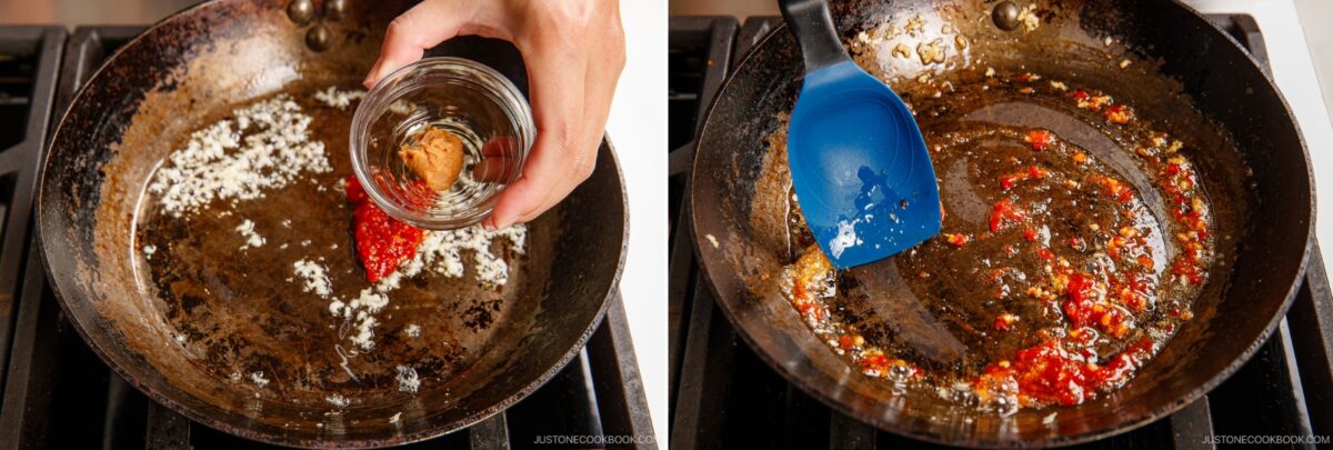 Split image: Left, a hand adds brown sugar and chili paste to sautéing garlic in a skillet for spicy edamame. Right, a blue spatula mixes the ingredients together as they cook and blend in the pan.