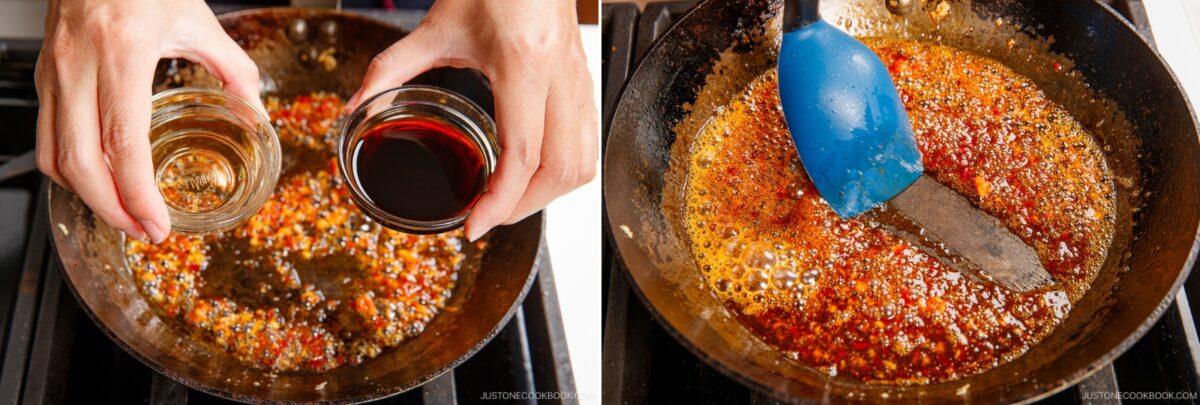 Two photos: On the left, hands add liquids to a pan with sautéed minced garlic, chili flakes, and spicy edamame. On the right, a blue spatula stirs the simmering sauce, blending the ingredients in the pan on the stove.