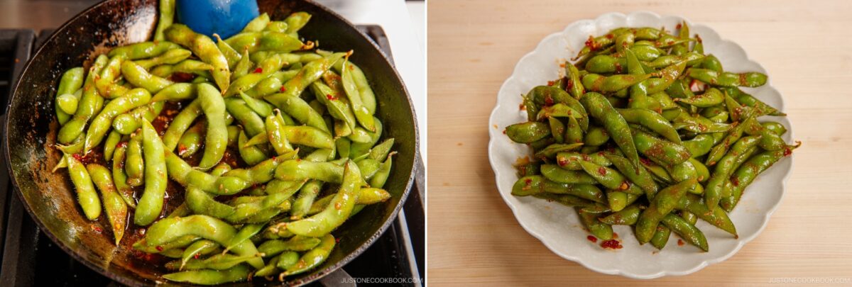 Left: Spicy edamame pods being stir-fried with chili flakes in a pan. Right: Cooked spicy edamame served on a white plate, garnished with red pepper flakes. Both images show this flavorful dish at different stages.