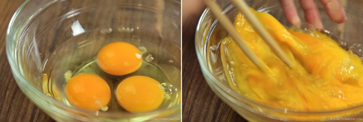 A split image shows three raw eggs in a glass bowl on the left, and on the right, a hand using chopsticks to whisk the eggs for Dashimaki Tamago (Japanese Dashi Rolled Omelette) in the same bowl.