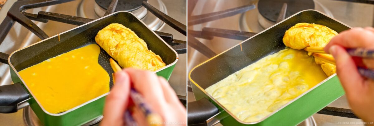 A person uses chopsticks to roll an omelet in a rectangular pan on a stove, gradually forming layered Dashimaki Tamago (Japanese Dashi Rolled Omelette).